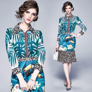 Set: Print Shirt + Ruffle Hem Sheath Skirt