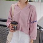 Embroidered V-neck Long Sleeve T-shirt