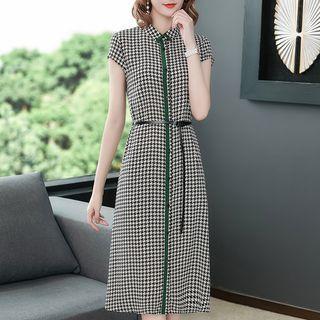 Cap-sleeve Houndstooth Midi Shirt Dress