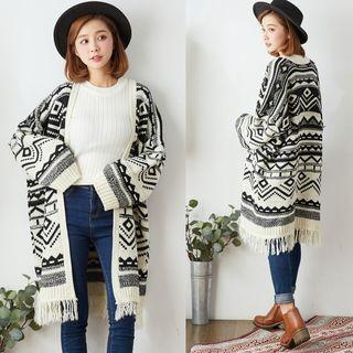 Open Front Fringed-hem Pattern Cardigan Black - One Size
