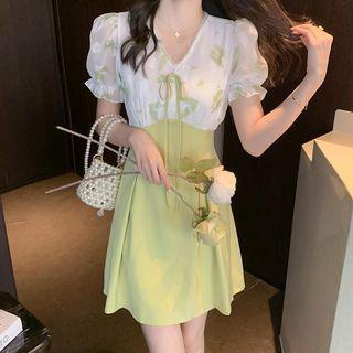 Short-sleeve V-neck Color Block Mini A-line Dress
