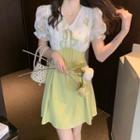 Short-sleeve V-neck Color Block Mini A-line Dress