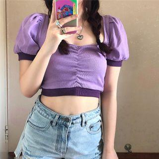 Puff-sleeve Contrast Trim Knit Crop Top As Shown In Figure - One Size