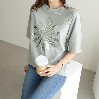 Raglan-sleeve Flower-sequined T-shirt