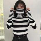 Mock Neck Striped Knit Top Black - One Size