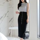 Set: Sleeveless Turtle-neck Top + Button Midi Fitted Skirt