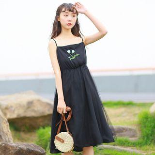 Spaghetti Strap Embroidered A-line Midi Dress