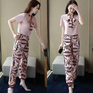 Set: Short-sleeve Top + Print Straight-fit Pants
