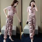 Set: Short-sleeve Top + Print Straight-fit Pants