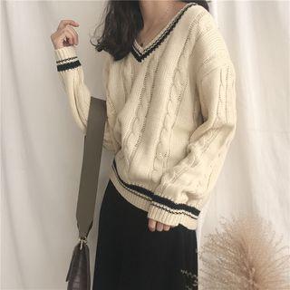 Contrast-trim Cable Knit Sweater
