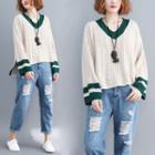 Contrast Panel Cable-knit Sweater As Shown In Figure - One Size