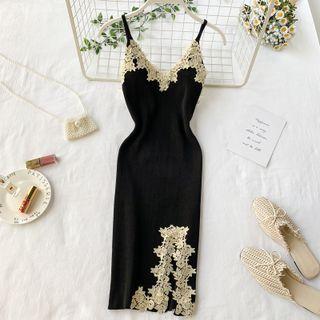 V-neck Lace Knit Slit Spaghetti-strap Dress Black - One Size