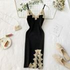 V-neck Lace Knit Slit Spaghetti-strap Dress Black - One Size