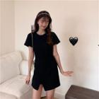 Round-neck Slim-fit Split Mini Dress Black - One Size
