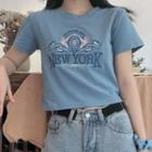 Short-sleeve Lettering T-shirt Airy Blue - One Size