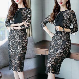 3/4-sleeve Ruffle Sheath Lace Dress