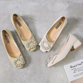 Block Heel Faux Pearl Pumps