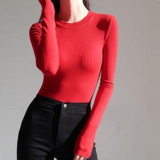 Plain Crewneck Long-sleeve Slim-fit Jumper Top