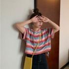 Elbow-sleeve Striped Drawstring Cropped T-shirt