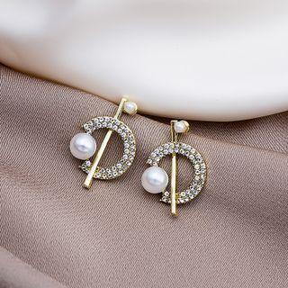 Faux Pearl Rhinestone Ear Stud E4308 - 1 Pair - Gold & White - One Size