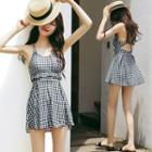 Plaid Spaghetti-strap Cut-out Swim Dress