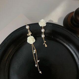 Flower Resin Faux Pearl Asymmetrical Fringed Earring 1 Pair - Gold - One Size
