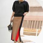 Band-waist Color-block Slit-side Skirt