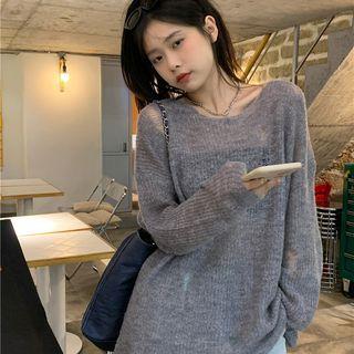 Long-sleeve Cut-out Knit Top Gray - One Size