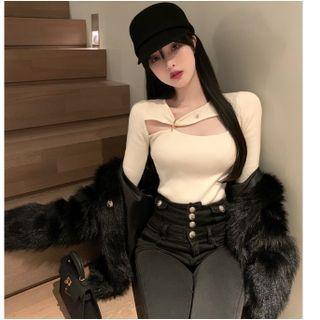 Asymmetrical Long-sleeve Cutout T-shirt White - One Size