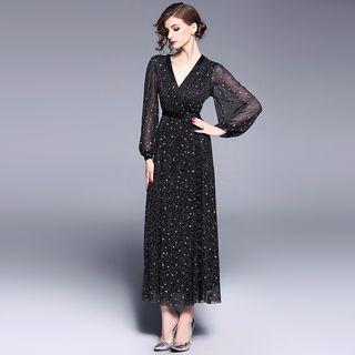 Star Print Long-sleeve A-line Maxi Dress