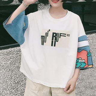 Denim Panel Printed 3/4 Sleeve T-shirt