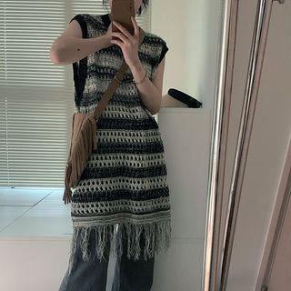 Striped Fringed Sweater Vest Black & White - One Size