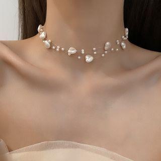Layered Faux Pearl Necklace Necklace - Love Heart - Faux Pearl - White - One Size
