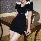 Short-sleeve V-neck Color Block Cutout Dress Black - One Size