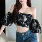 Elbow-sleeve Off-shoulder Floral Crop Top