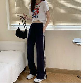 Contrast Trim Zip-side Straight Leg Pants Navy Blue - One Size