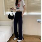 Contrast Trim Zip-side Straight Leg Pants Navy Blue - One Size