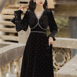 Long-sleeve Dot Print Velvet Midi Dress