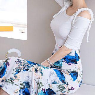 Set: Cold-shoulder Top + Floral Midi Mermaid Skirt