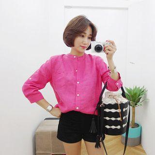 Mandarin-collar 3/4-sleeve Linen Shirt