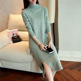Long-sleeve Mock-neck Slit-side Knit Dress