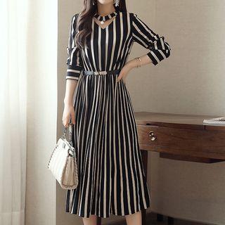 Stripe Long-sleeve Midi A-line Dress