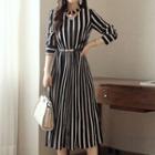 Stripe Long-sleeve Midi A-line Dress