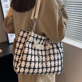 Faux Pearl Plaid Tote Bag