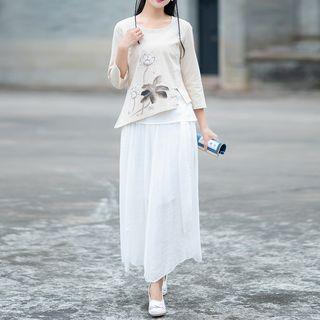 3/4-sleeve Floral Print Frog Buttoned Top / Asymmetric Midi Skirt