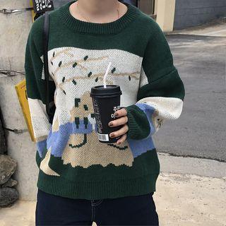 Long-sleeve Cartoon Printed Knit Top / Cartoon Printed Cardigan / High-waist Split Hem Knit Skirt