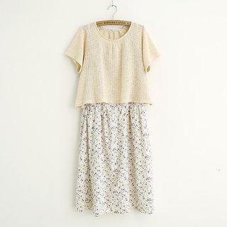 Set : Plain Short-sleeve Top + Print Midi Skirt