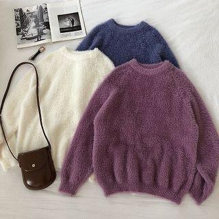 Plain Crewneck Faux Mink Wool Long-sleeve Sweater