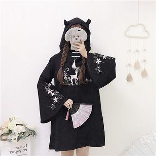 Bell-sleeve Deer Embroidered Mini Hoodie Dress
