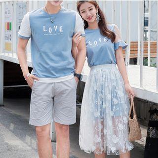 Couple Matching Lettering Short-sleeve T-shirt / Shorts / Set: Lettering Short-sleeve Long T-shirt + Mesh Midi Skirt
